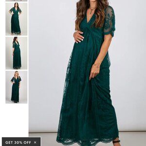 Pink Blush Forest Green Lace Mesh Overlay Maternity Maxi Dress